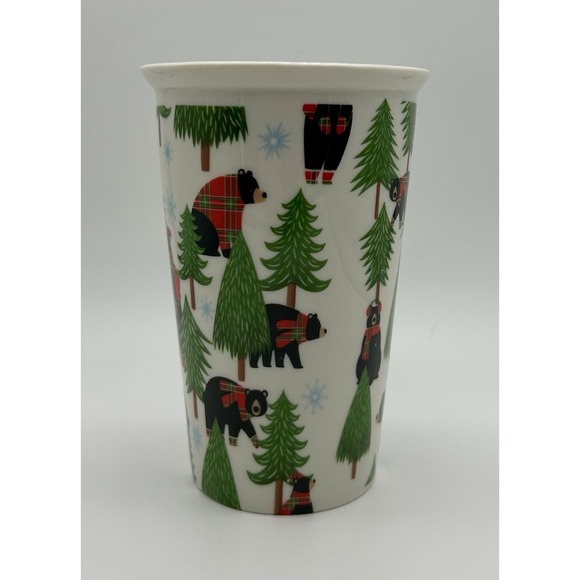 DEI Christmas Bear Mug Plaid Scarf Black Bears & Pine Trees Holiday Coffee Cup - Picture 3 of 8